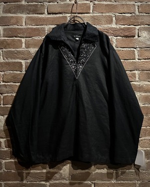 【Caka act3】"Dead Stock" Botanical Embroidery Vintage Loose Black Linen Skipper Pullover Shirt