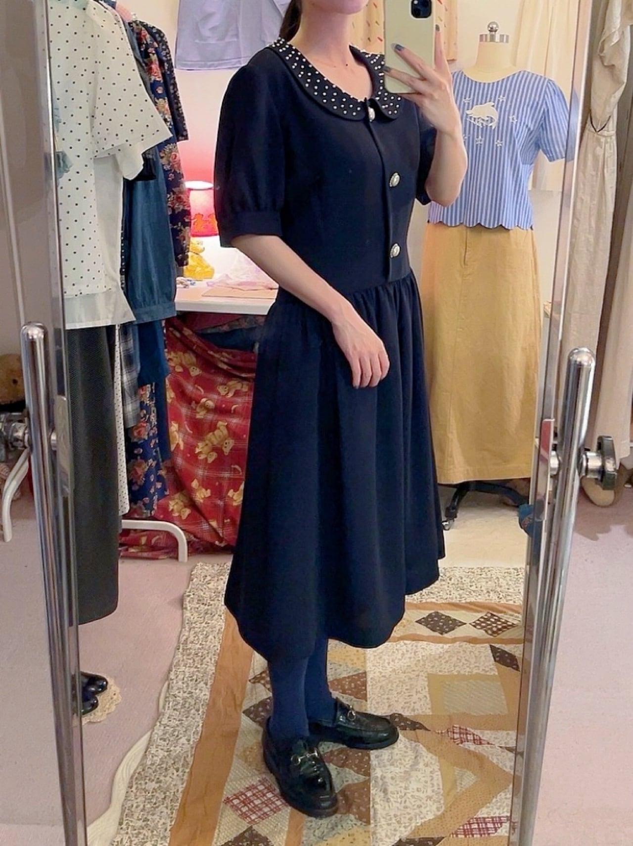 pearl big button gather one-piece