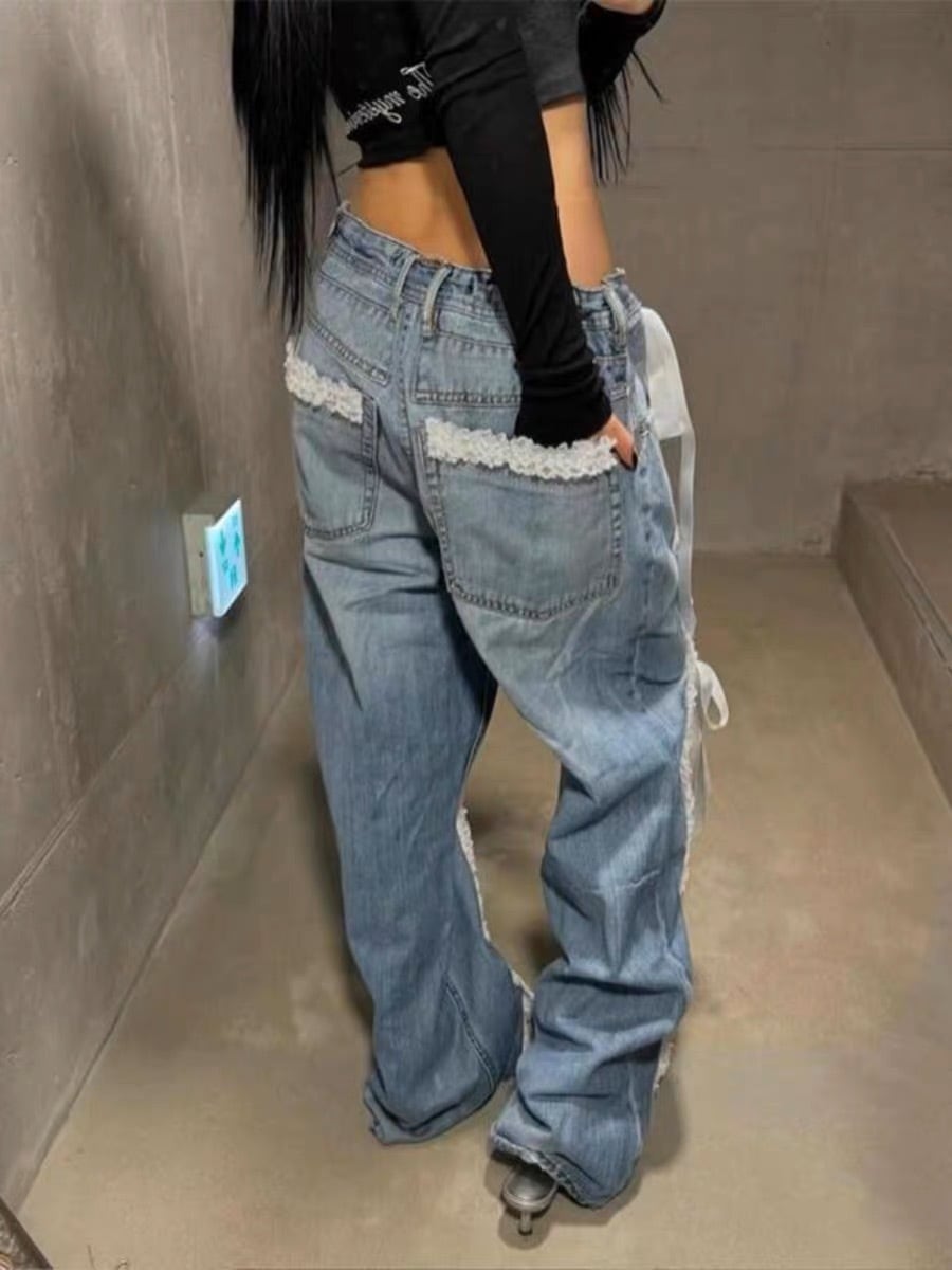 受注】Center lace ribbon denim pants （センターレースリボンデニム