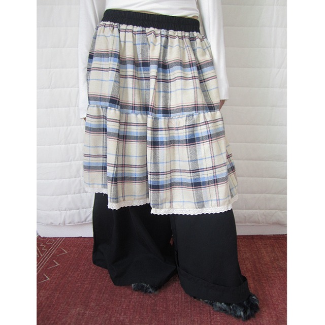 retro check layered skirt design pants  e1776