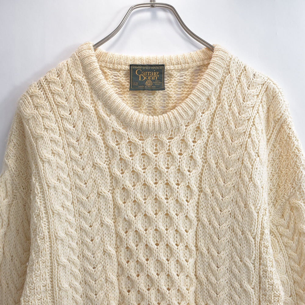 80~90s アイルランド製 Carraig Donn フィッシャーマン プルオーバーニット セーター ヴィンテージ アイボリー 北欧ビンテージ ヨーロッパ古着 メンズL相当