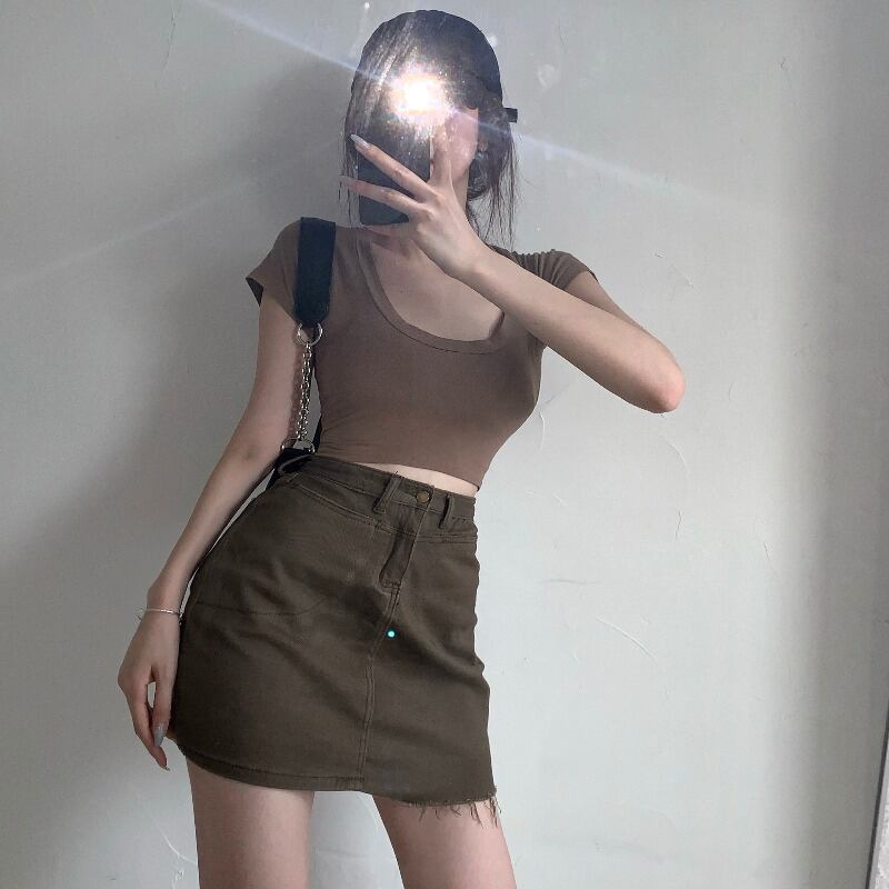 レトロブラウンハイウエストスカート女性夏セクシータイトaラインバッグヒップスカート2020新気質スカート ブラックストロベリース51756895543