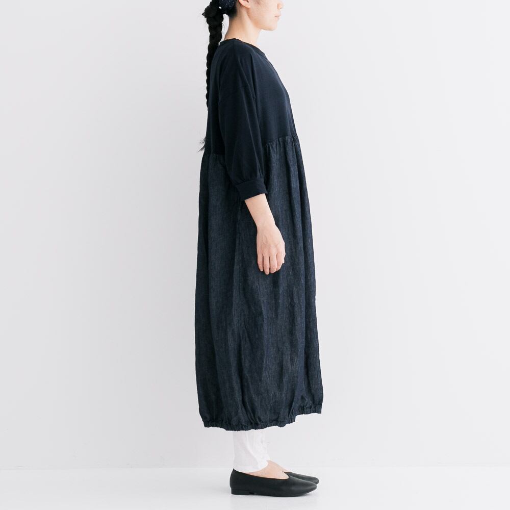 プリット prit 20/1コットンヘンプ天竺×20/1リネンコットンデニム切替7分ドルマンスリーブ裾ゴムコクーンワンピース(P91318)ネイビー