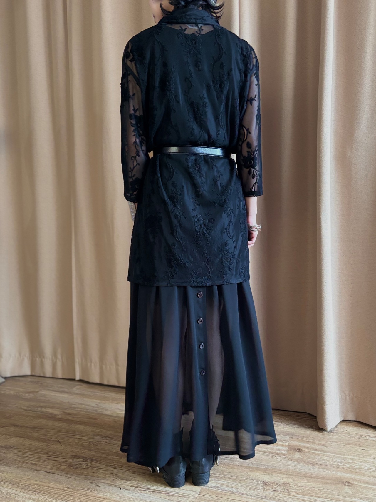 black floral lace sheer long shirt-5315-7