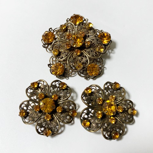 Vintage Amber Bijoux Filigree Style Earrings & Brooch