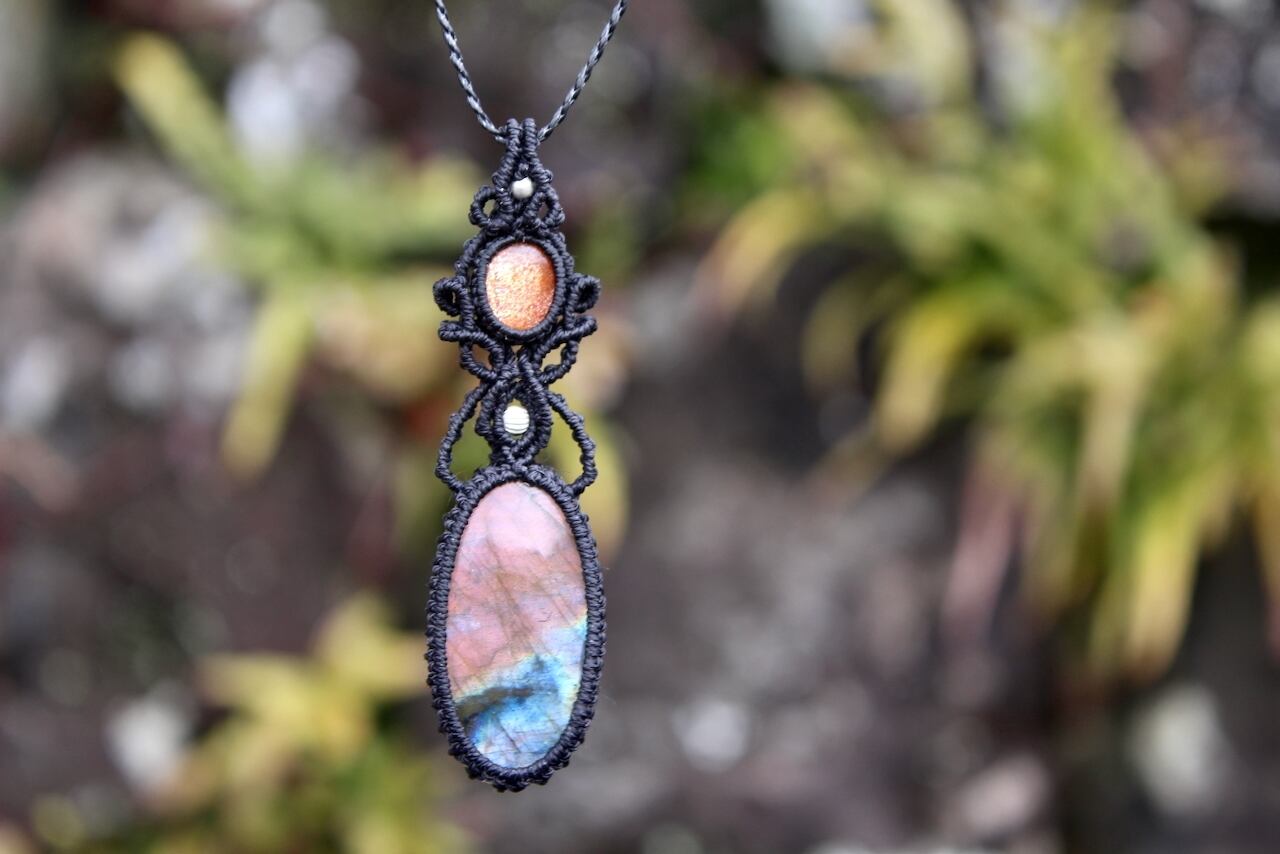 Multi purple Labradorite & Sunstone micro macrame pendant