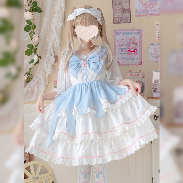 水色ｘホワイトフロントリボンティアードJSK