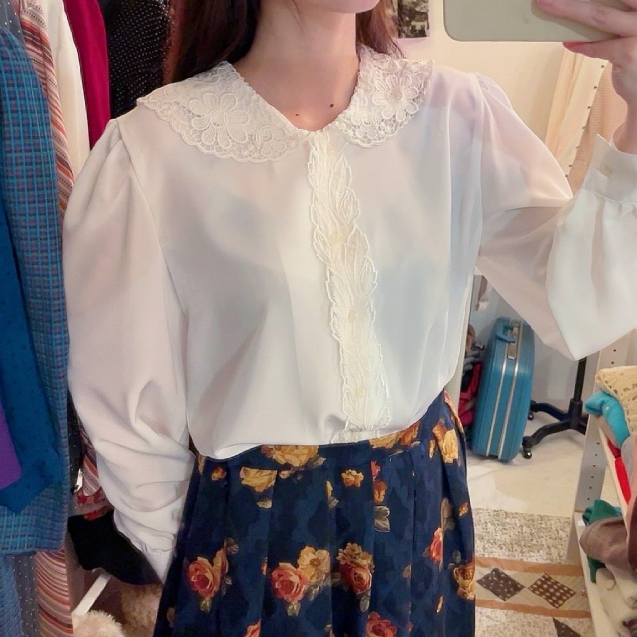 flower leaf lace white blouse