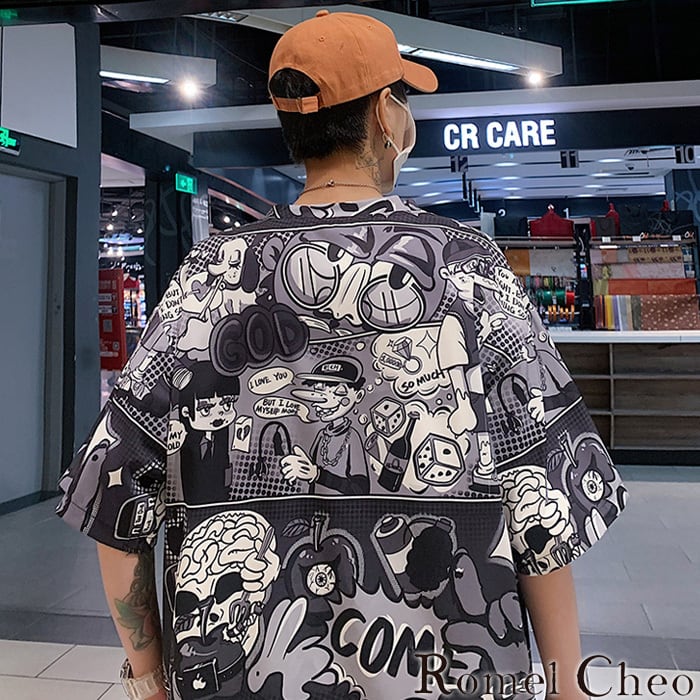シャツ　ストリート　モード　メンズ　Tシャツ　柄シャツ　個性的　韓国