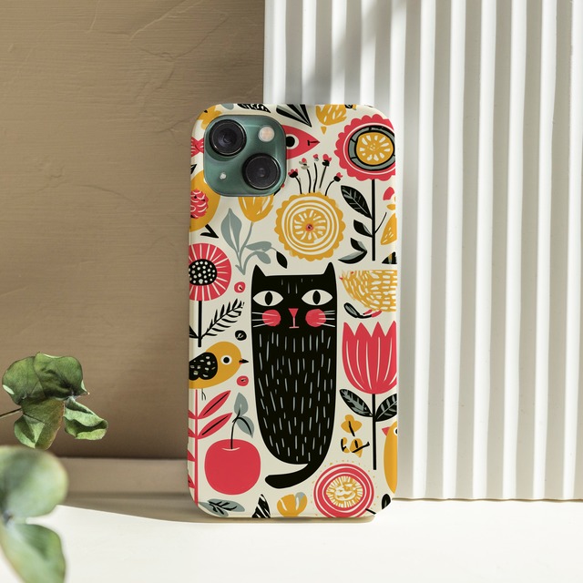 受注生産 iPhoneケース 黒猫と花のサイケ民芸総柄｜猫モチーフ PSYF073B
