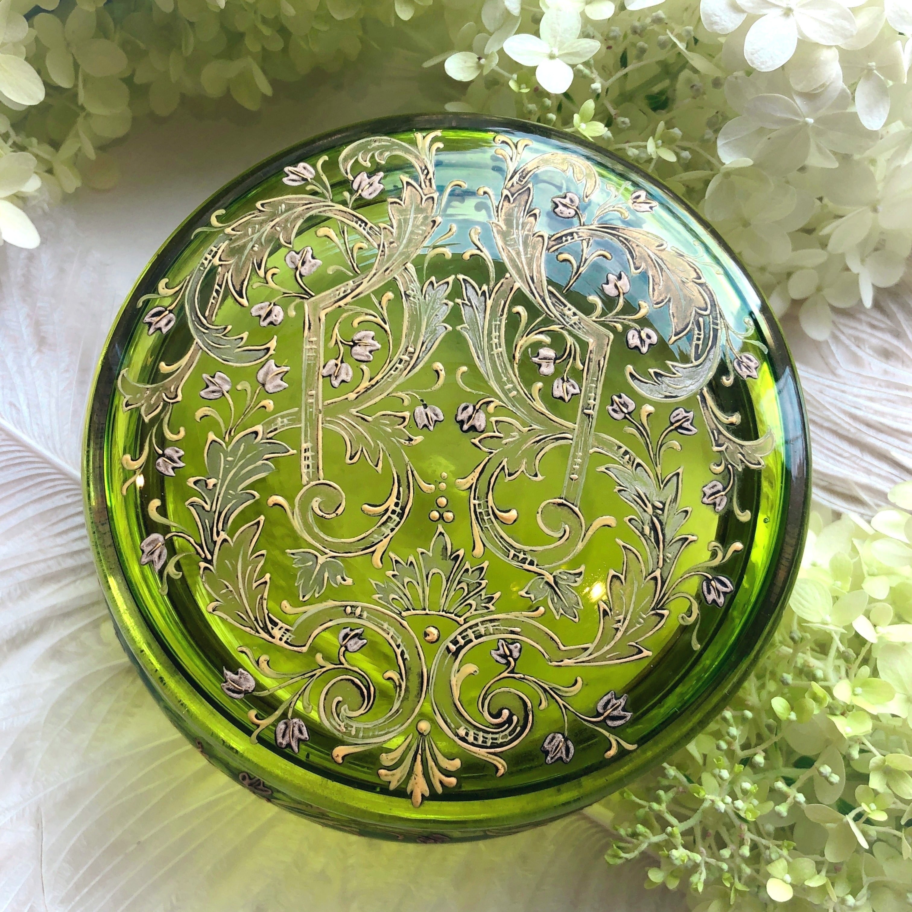 骨董　時代ガラス　ライムグリーン　ボンボニエール 菓子器　キャニスター 骨董 時代ガラス ライムグリーン ボンボニエール 菓子器