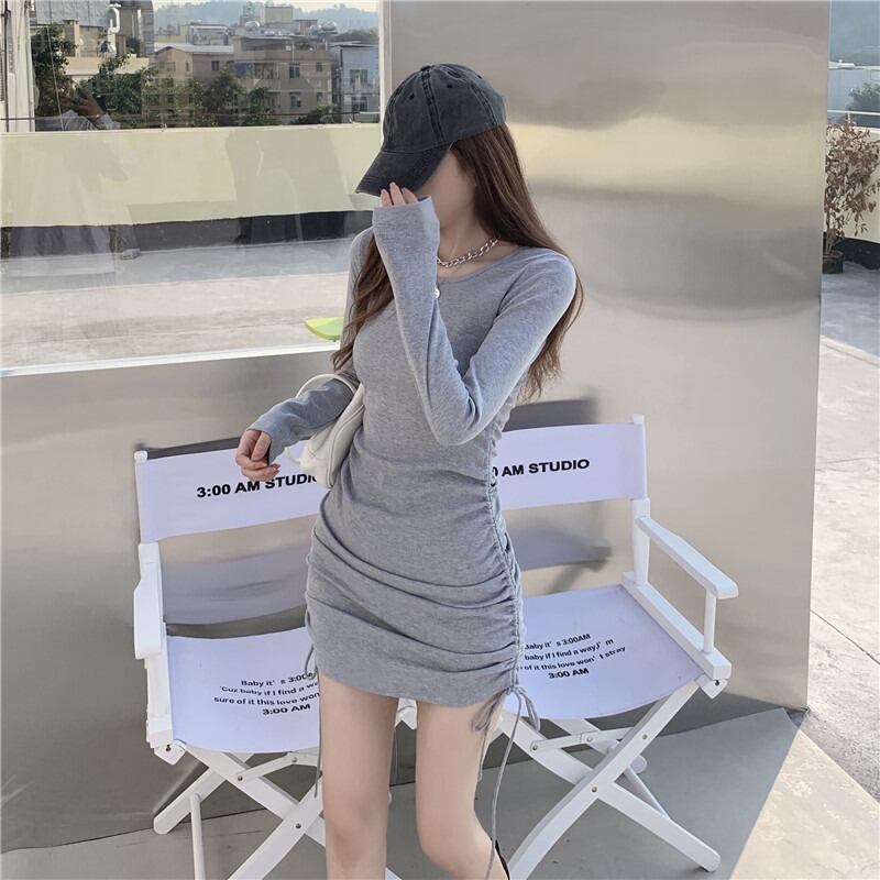 ドレス スリムグレーギャザースカート スプリング ロング 春物 ブラックストロベリース17668672680