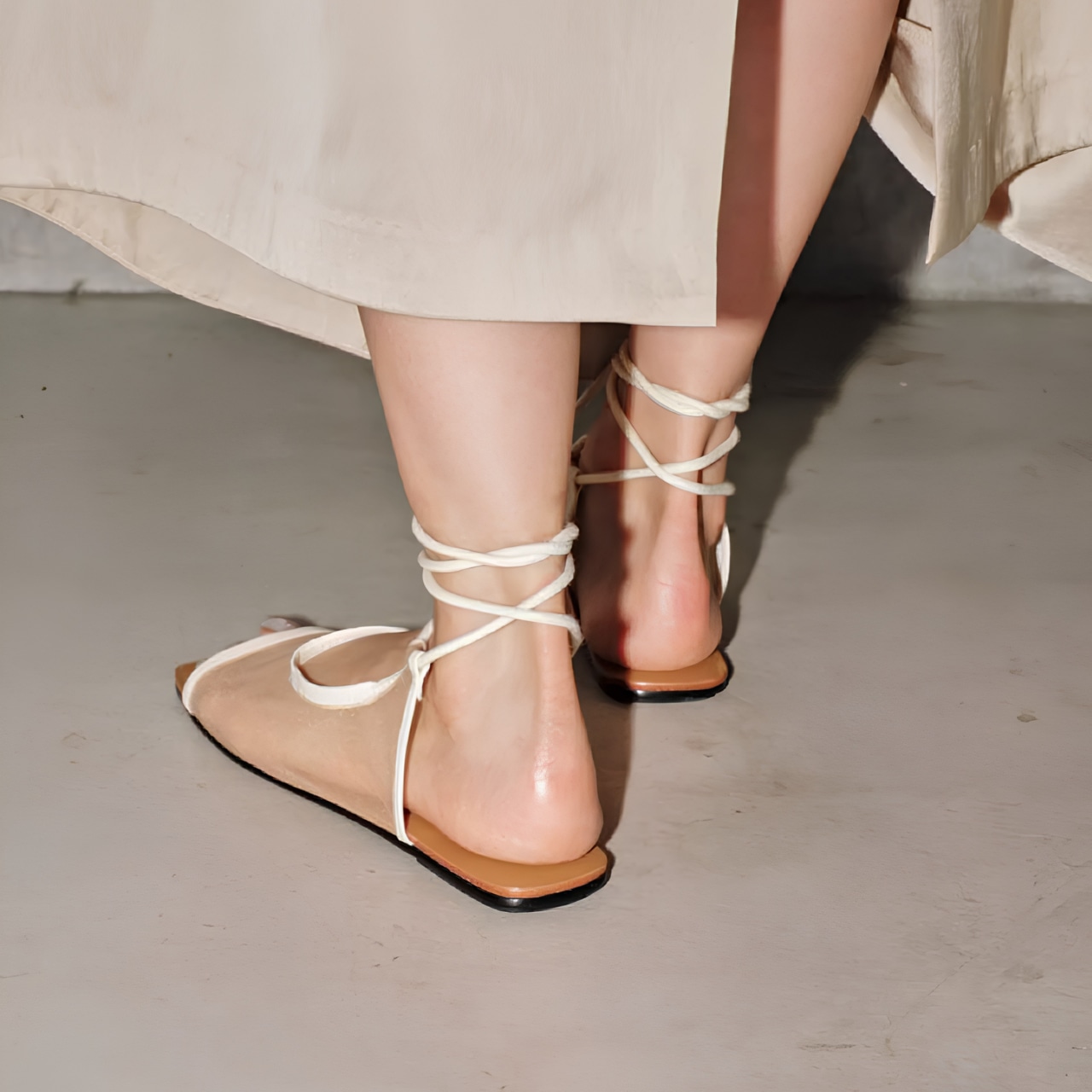 Mesh Open Toe Ribbon Flat Shoes F0371