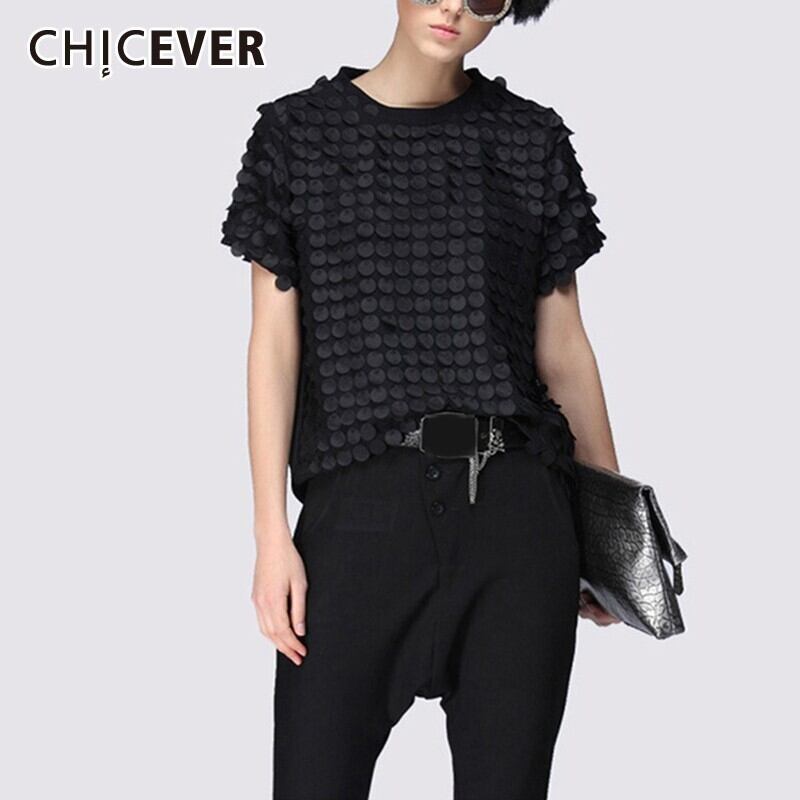 CHICEVERサマーパッチワークサークルアップリケブラックTシャツOネック半袖ルーズプラスサイズトップス2020 ショート ハーフスリーブ 大きめサイズ 夏物 6base582570133156