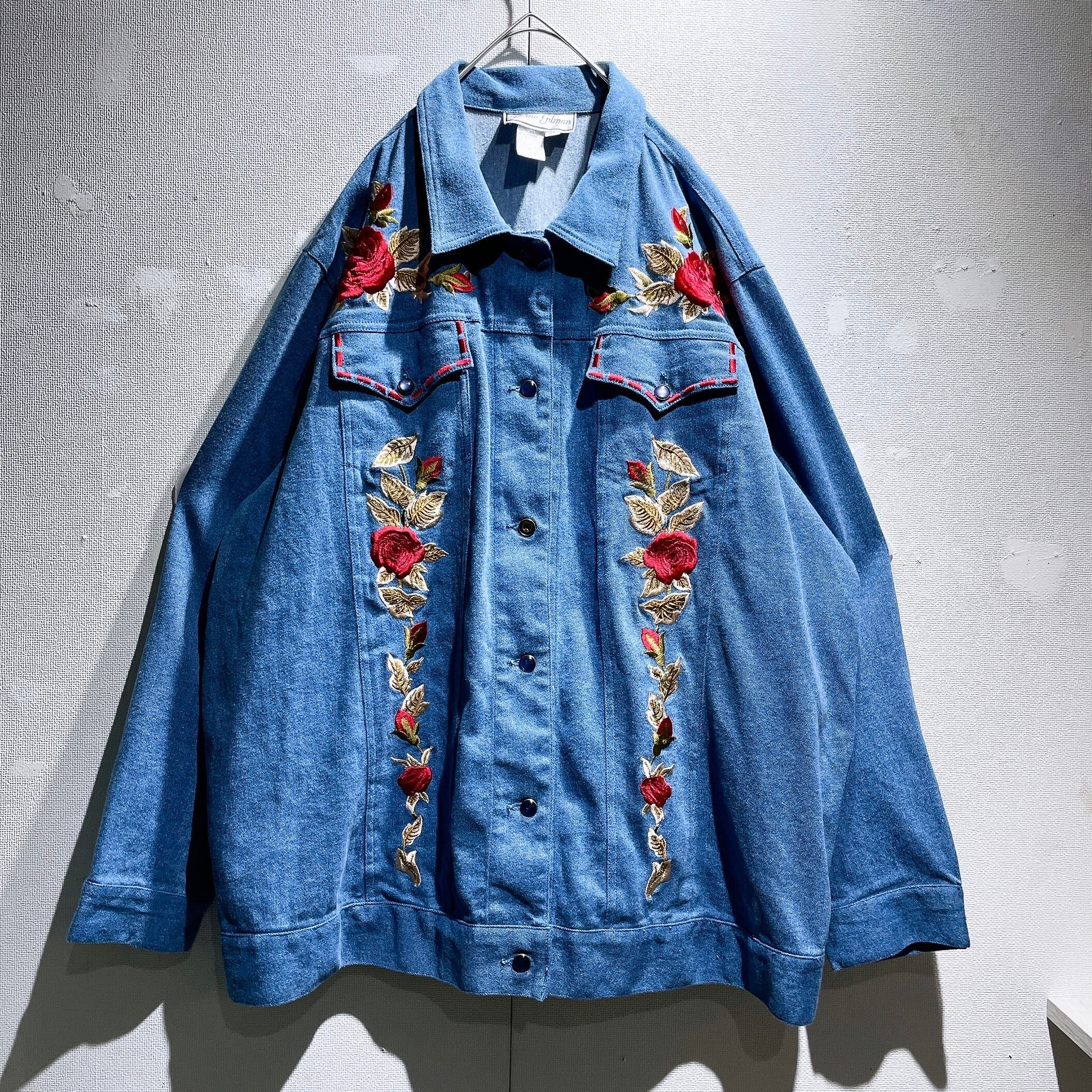 Beautiful Botanical flower embroidery vintage western denim shirt jacket