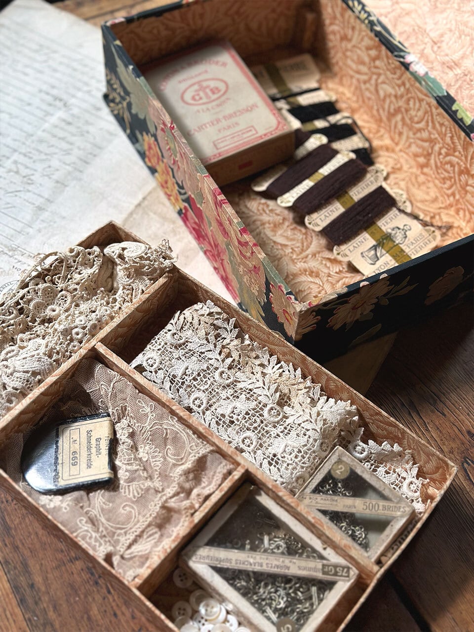 2段式カルトナージュ ブラック×フラワー | Brocante de La Cocotte