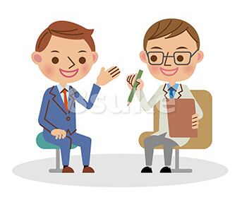 イラスト素材:医者と会話するビジネスマン(ベクター・JPG)