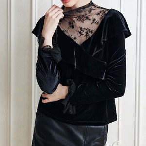 Sheer lace black velvet shirt S07