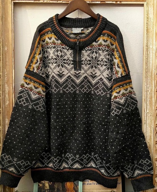 〜80's IDENA Nordic&birds-eye mix harf zip knit【XL】