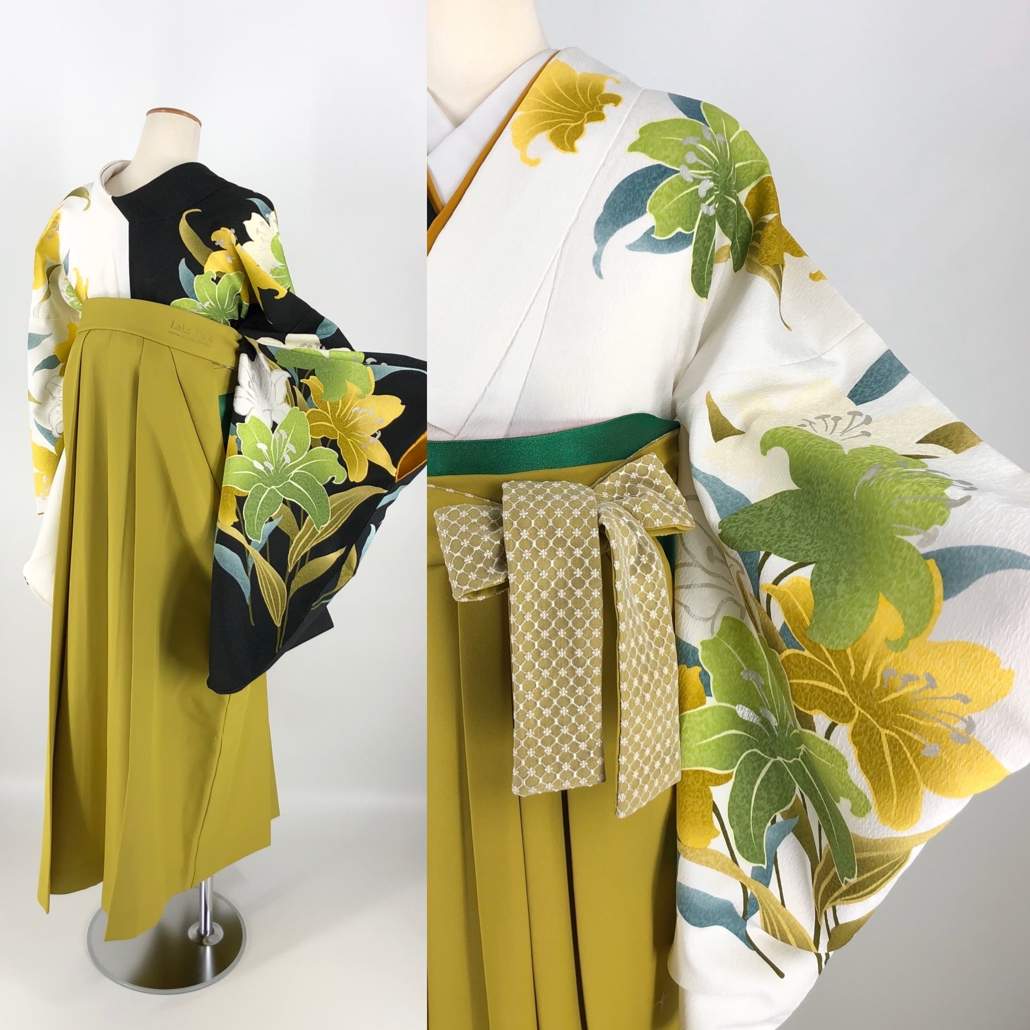 卒業式袴レンタル フルセット 白黒地枝花百合文 LLサイズ 002