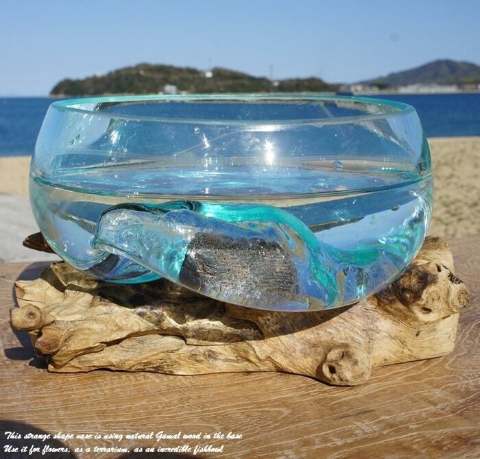吹きガラスと天然木のオブジェB18 金魚鉢 メダカ 水槽 アクアリウム
