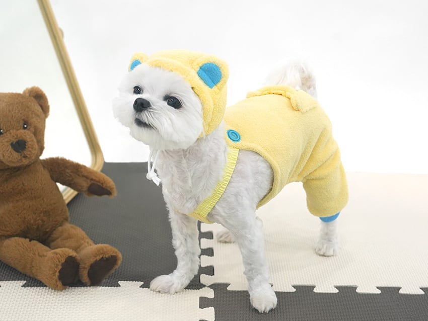 sleepy bear all in one set S ~ XL 2color / 犬服 秋冬 新作 もこもこ フリース オールインワン 帽子 セット 可愛い 犬の服 暖かい ドッグウェア ペット ワンコ服 小型犬 中型犬 猫 ロンパース tsu44