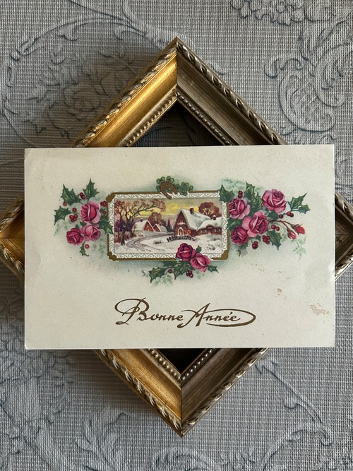 アンティークポストカード Bonne Anee 馬蹄 柊 雪景色 薔薇 1954年 フランス 額装 インテリア コレクション Noel