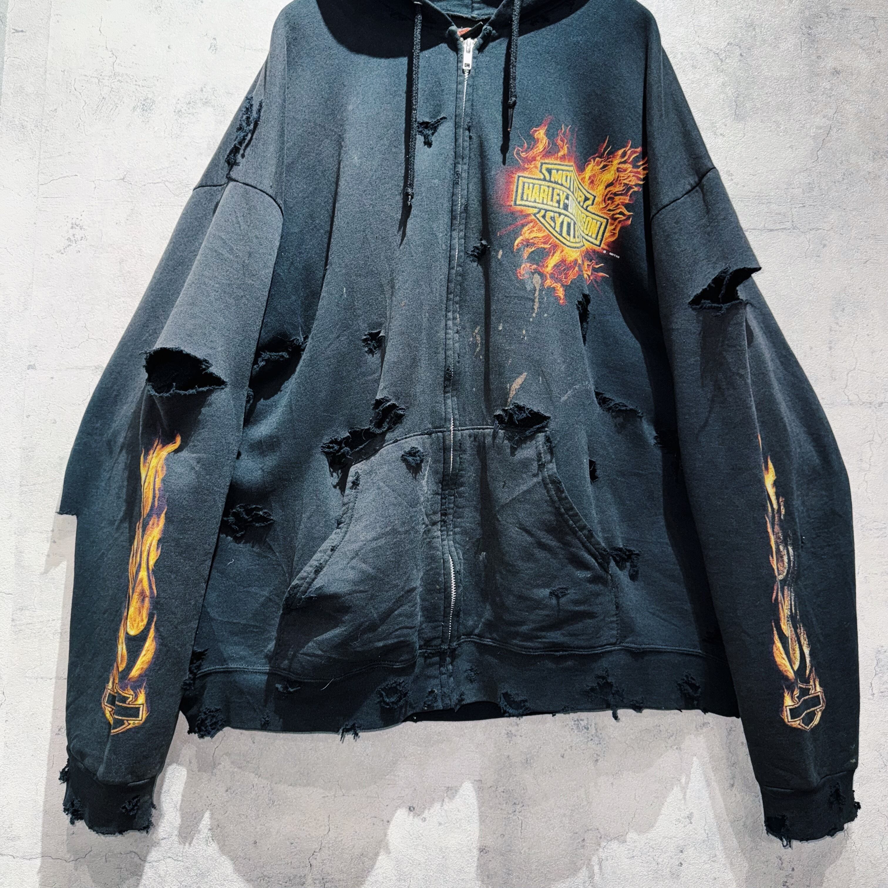 Harley-Davidson”Fire pattern design boro custom zip-up hoodie | ayne