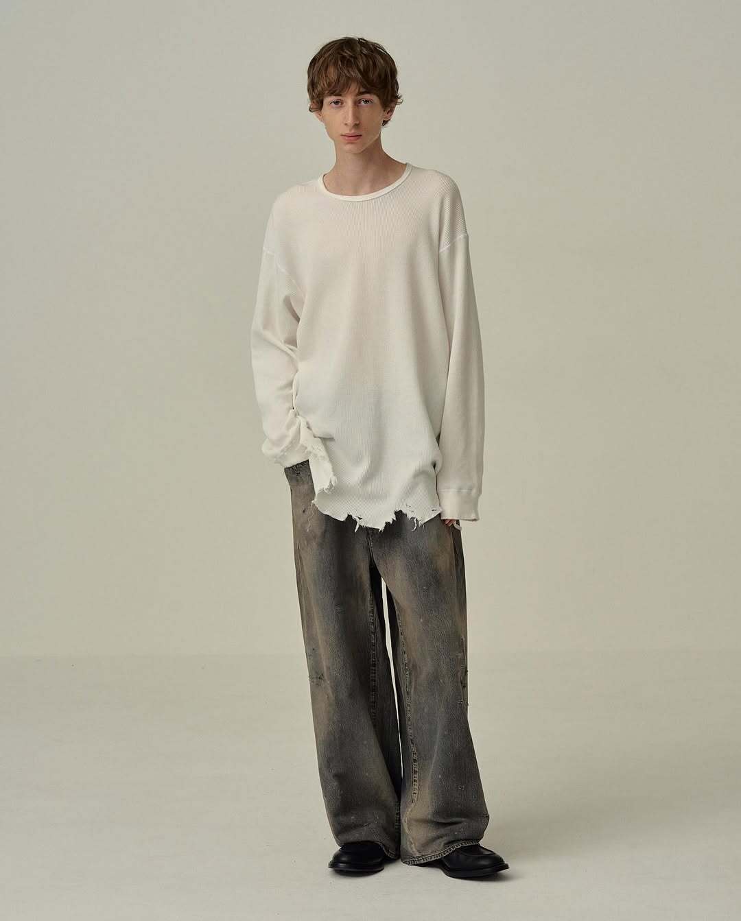 25AW】ANCELLM DAMAGE WAFFLE CREW LS T-SHIRT (WHITE) ANC-CT134