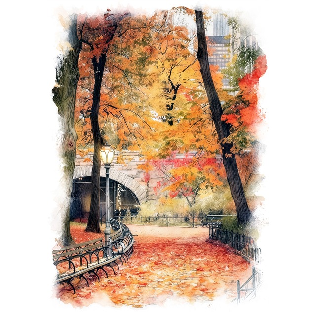 絵画 風景画(街並み)  秋 アメリカ ニューヨーク 紅葉のセントラルパーク インテリアアート額付き 水彩画・油絵風 WAT1010