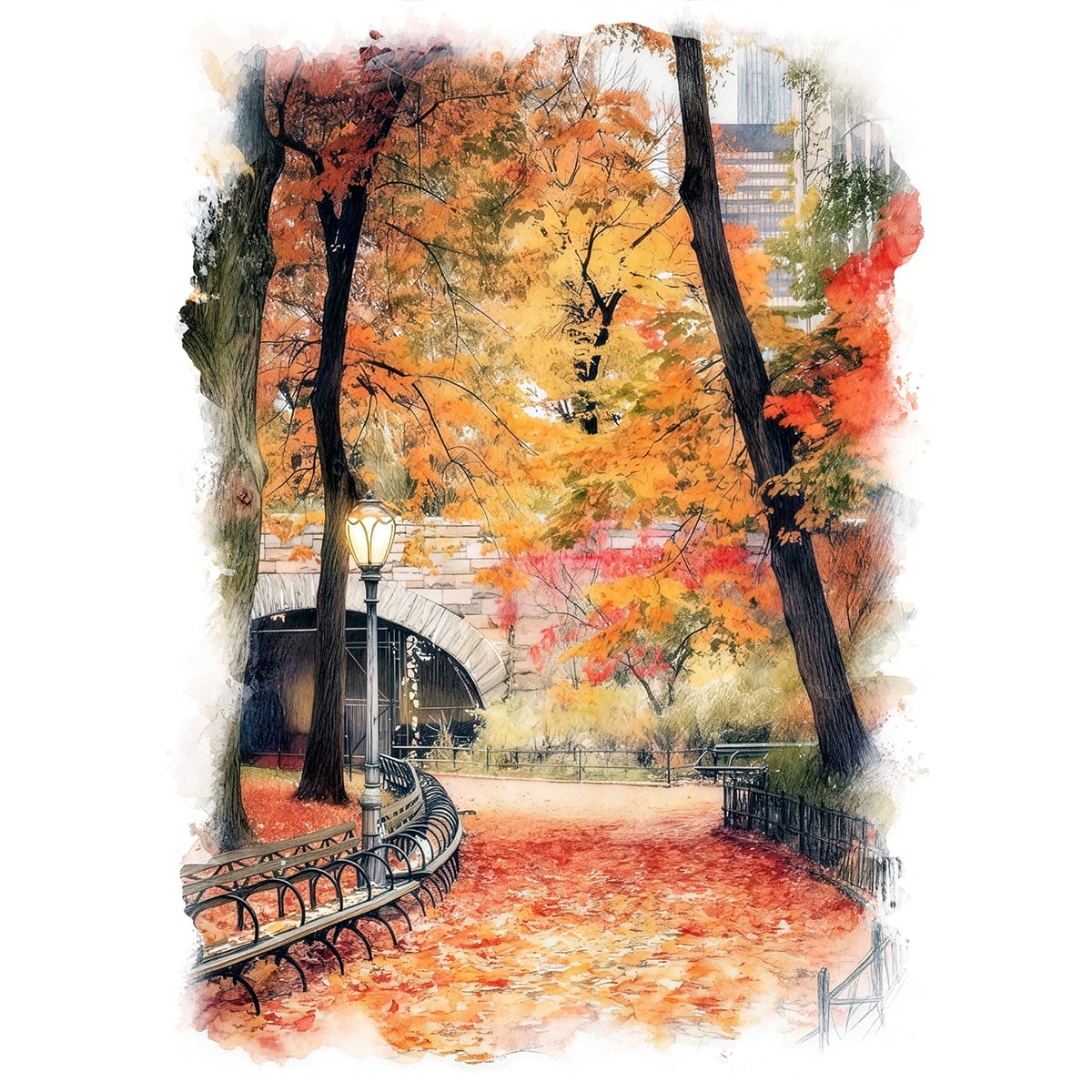 絵画 風景画(街並み) 秋 アメリカ ニューヨーク 紅葉のセントラルパーク インテリアアート額付き 水彩画・油絵風 WAT1010