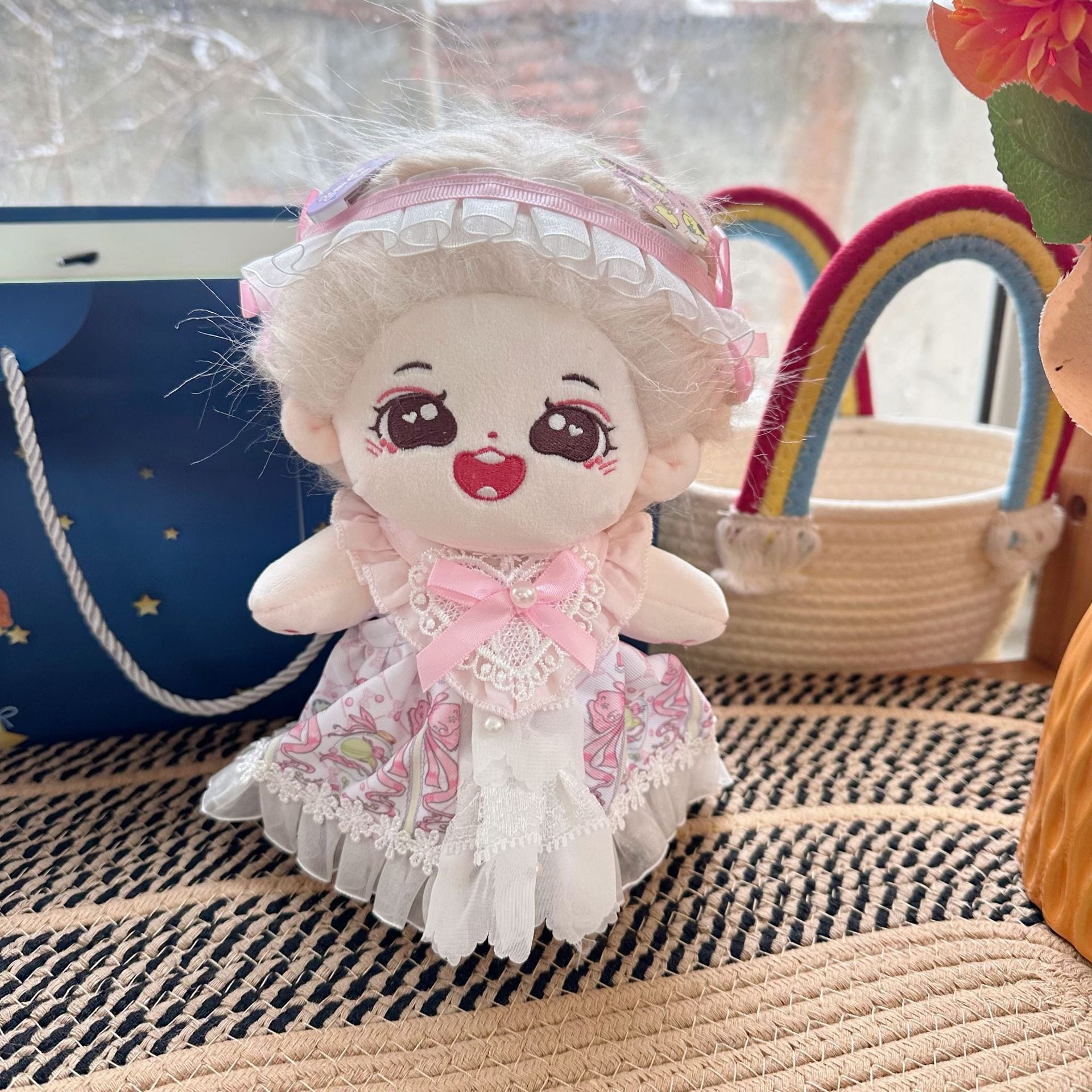 20cmぬいぐるみ用 かわいい リボン柄ワンピース+ヘアバンド プリンセス