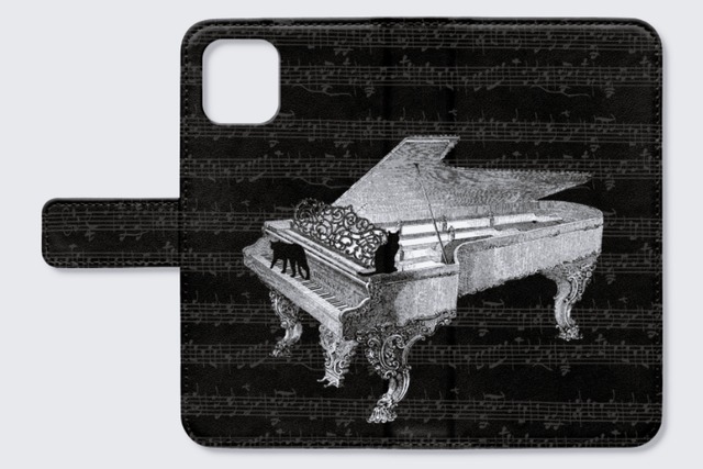 【iPhone用】ピアノと黒猫の手帳型スマホケース(黒)