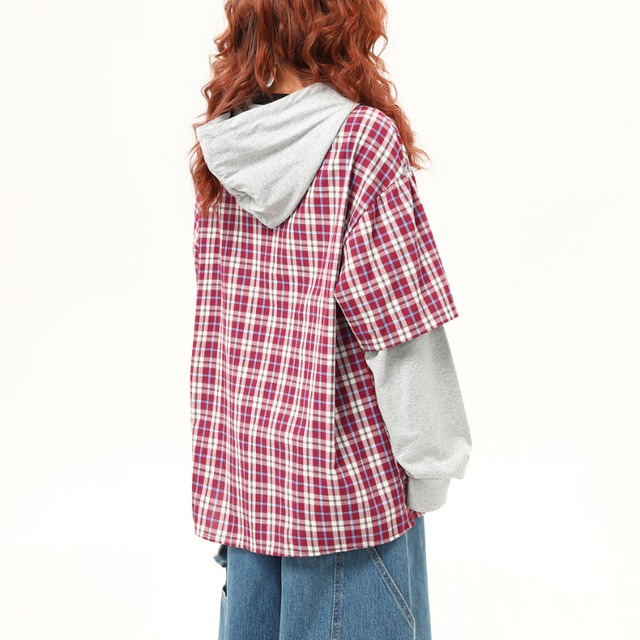 layered hooded color check shirt　レイヤードフード付きカラーチェックシャツ　J1298