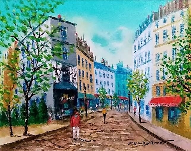 桑山茂「パリの街角」 油彩画 額縁外寸 55.5ｘ46.0ｘ5.5㎝ 絵41.0ｘ31