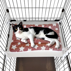 【在庫処分】POOKIE ペット マット ケージ用 猫 ベッド 落ちない 四隅紐付き ボア あったか 柔らかい リバーシブル 洗える モフモフ ふわふわ キャットタワー ソファ (レッドスター)