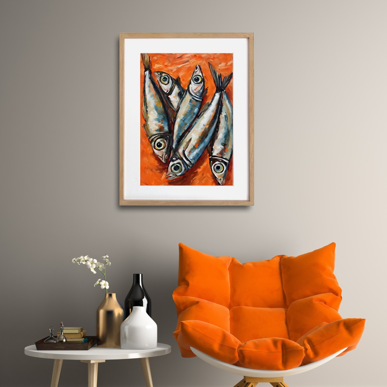 Silver Eyes｜オレンジとシルバーが輝くモダンポップアートポスター｜洗練された彩りでダイニングや店舗空間をスタイリッシュに演出A4ポスター