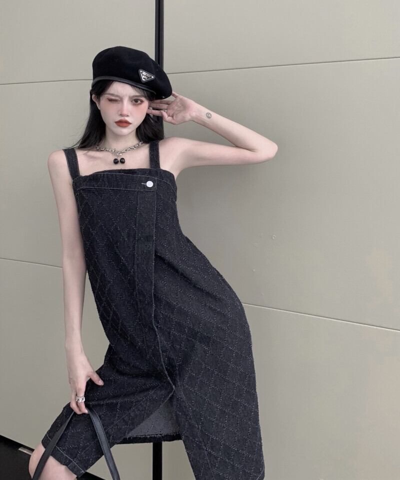 ドレス ウェストスリットスカート サマースタイルブラック 夏物 ブラックストロベリース42381135351