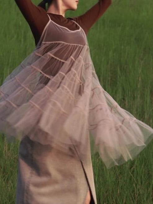 Mesh flare strap dress*S-635