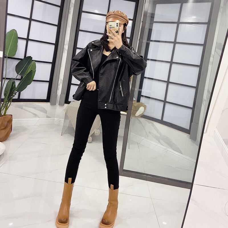 プラスサイズレディース2020秋スタイルファッションルーズスリムコートファットMMカバー肉年齢削減ジッパーレザートップトレンド ミックスインファッション12315019623