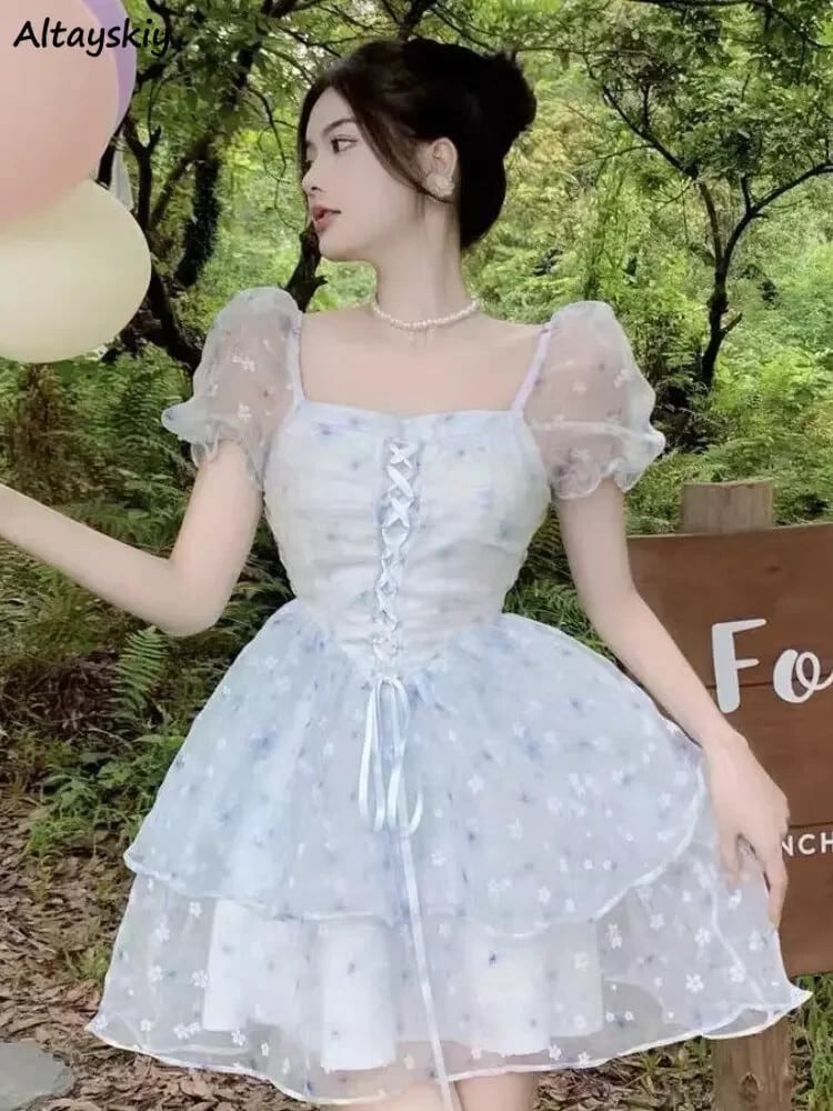 【新作】【送料無料】 ミニドレス女性フェアリーコア優雅なレースアップデザイン夏カジュアル韓国スタイルプリンセス新花ホットスウィート年齢軽減帝国 0368515620525