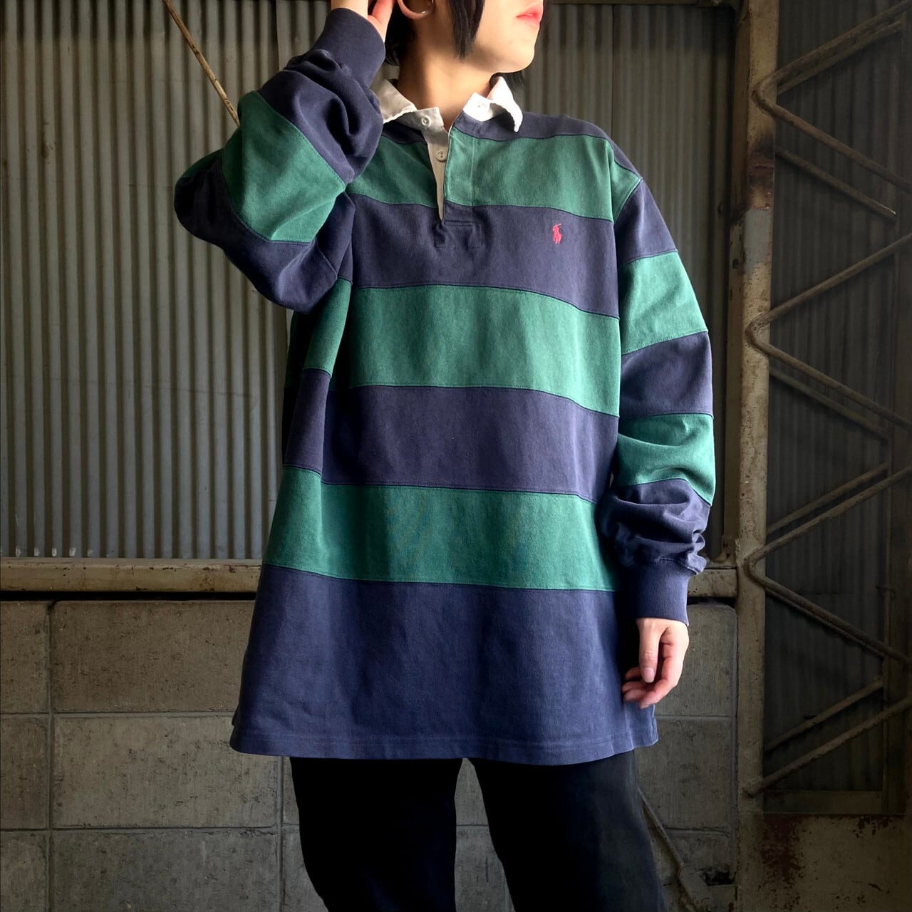 ポロバイラルフローレン ボーダー 長袖 ラガーシャツ メンズl 古着 Polo By Ralph Lauren グリーン ネイビー 緑 紺色 ポロシャツ ラガーシャツ Cave 古着屋 公式 古着通販サイト