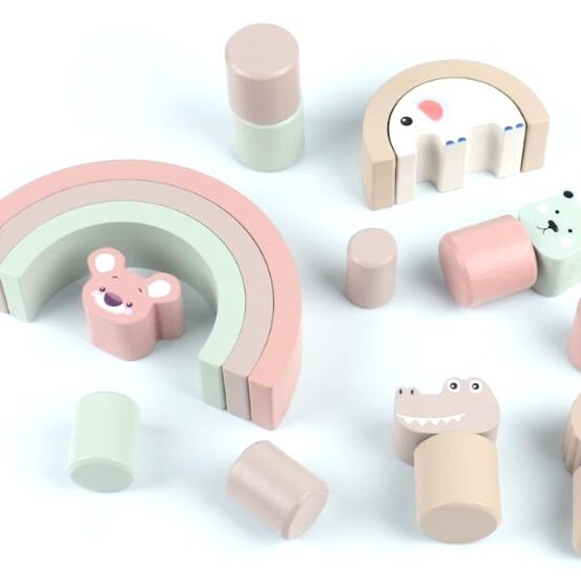 虹とどうぶつ 積み木 パステル | 木のおもちゃ レインボー アニマル つみき