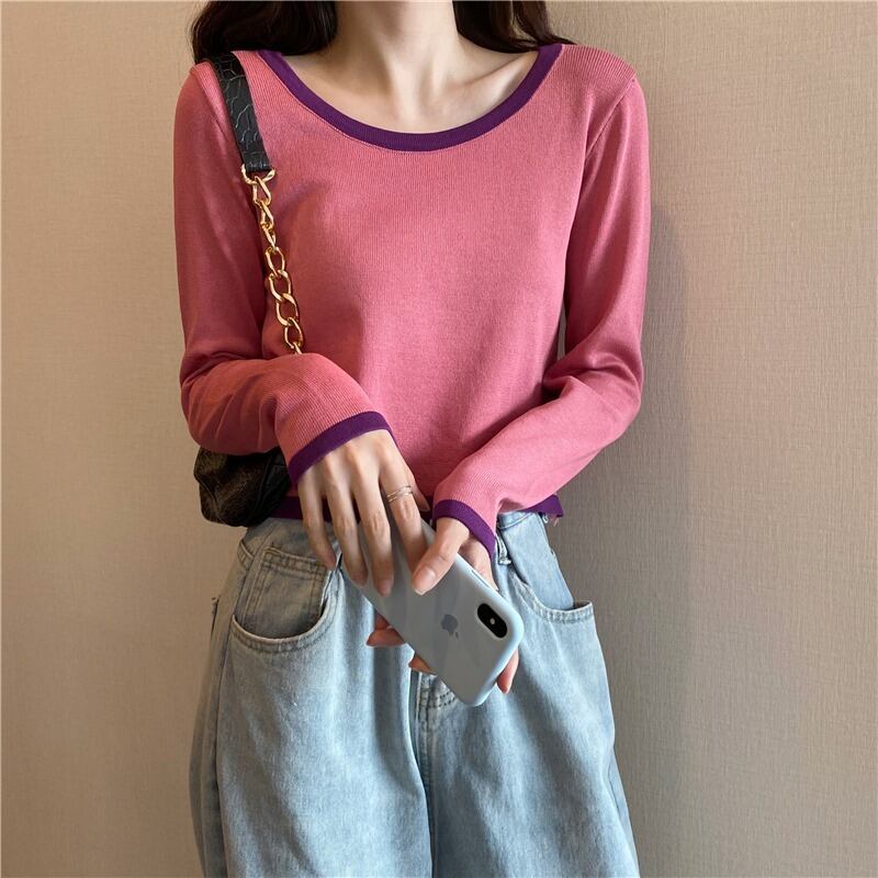 カラーラウンドネックニットTシャツ シャツ オータムルーズショートトップス ロング 秋物 Oネック YY-ファッション1725094333