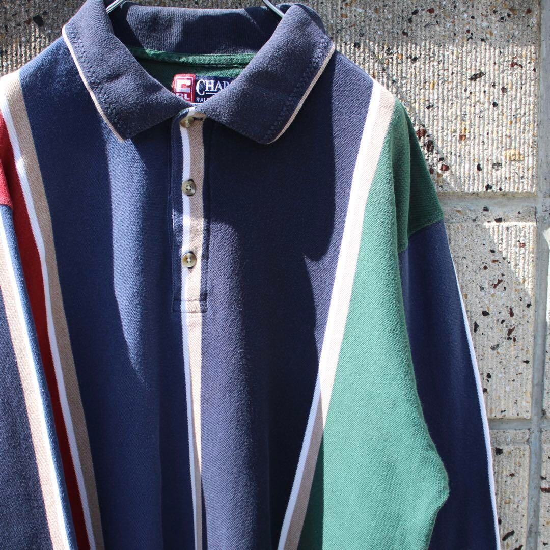 【Lサイズ】CHAPS RALPH LAUREN ストライプ柄 古着 L/S ポロシャツ