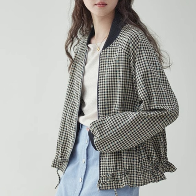 gingham check zip jacket m0498
