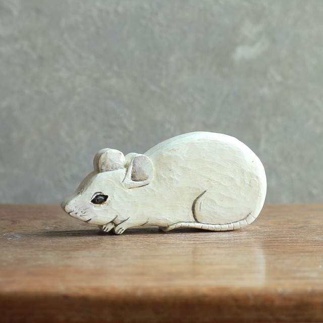 木彫り ネズミ 小物入れ ヴィンテージ 置物｜素朴な白の木肌と収納を兼ねた愛らしい動物オブジェ
