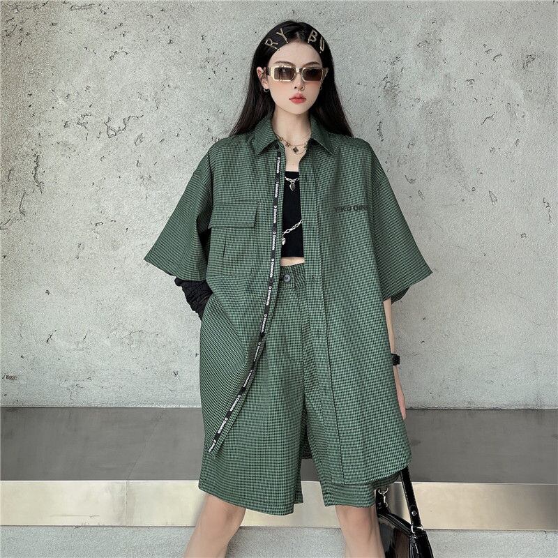 サマーカジュアルルーズカーディガンシャツ 格子柄パンツ 夏物 ケッペル24050975073