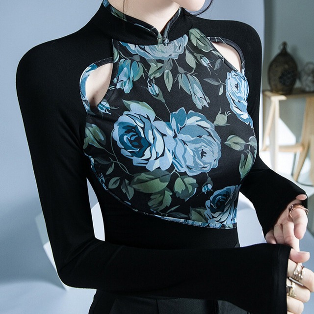 チャイナネック フラワープリント ロングスリーブ ダンスカットソー  ds1422