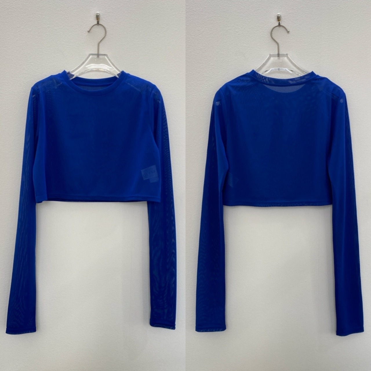 crew neck tulle sheer short tops/bule